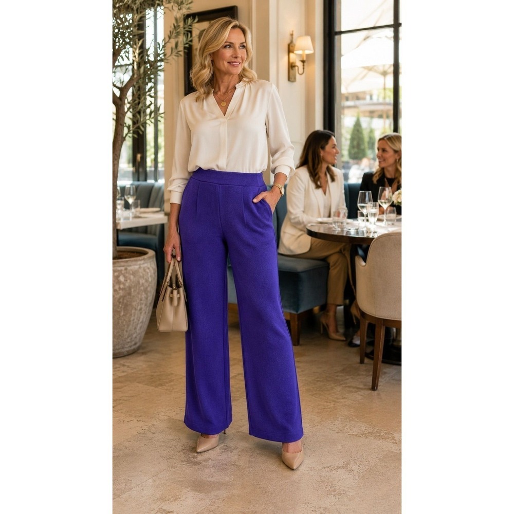 St. John Marie Gray Santana Knit Pants Sz 8 Purple Pull‎ On Career Luxury